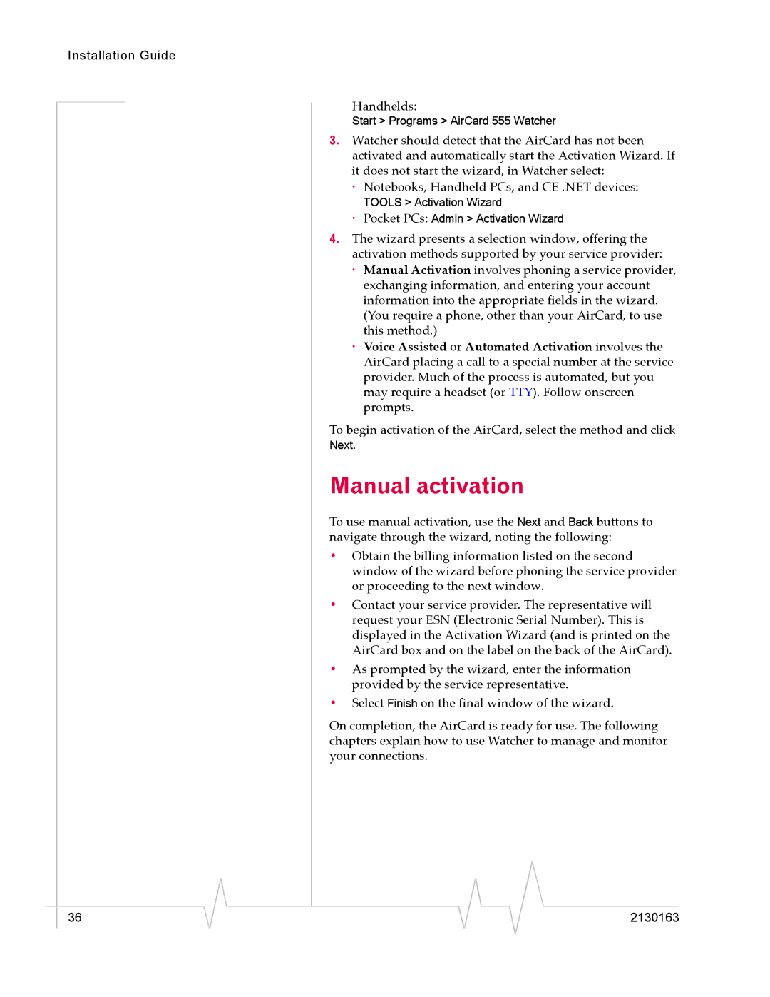 Sierra Wireless 555 manual Manual activation 