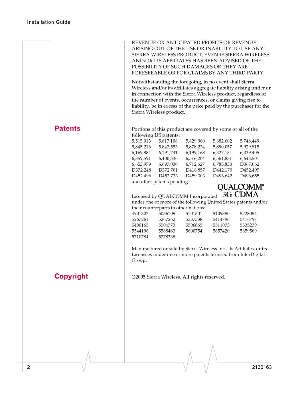 Sierra Wireless 555 manual Patents Copyright 