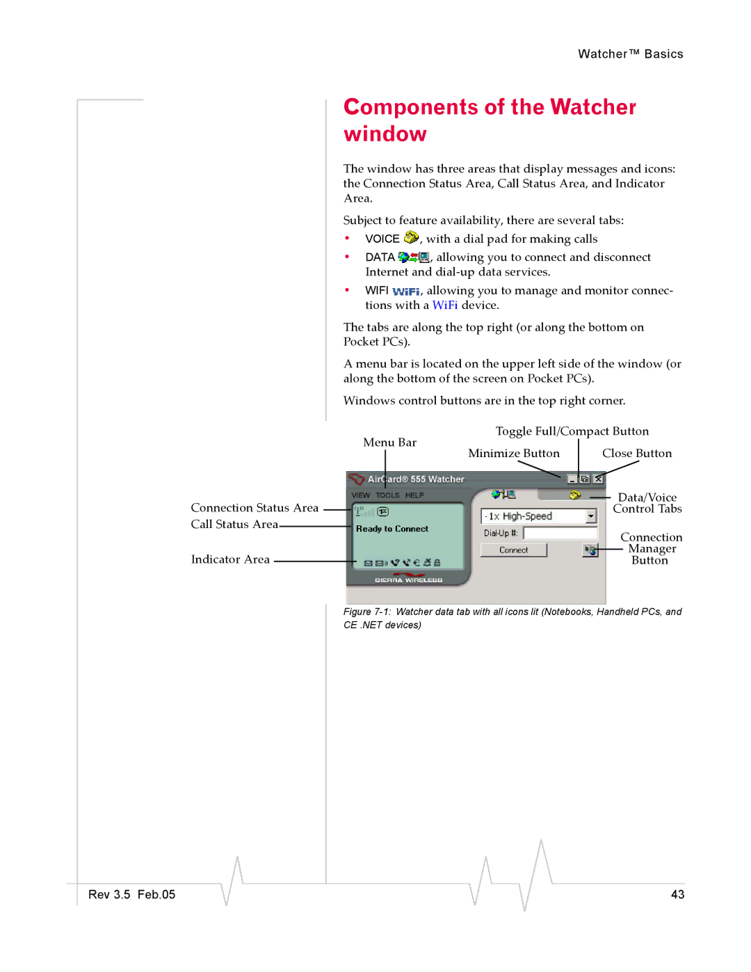 Sierra Wireless 555 manual Components of the Watcher window 