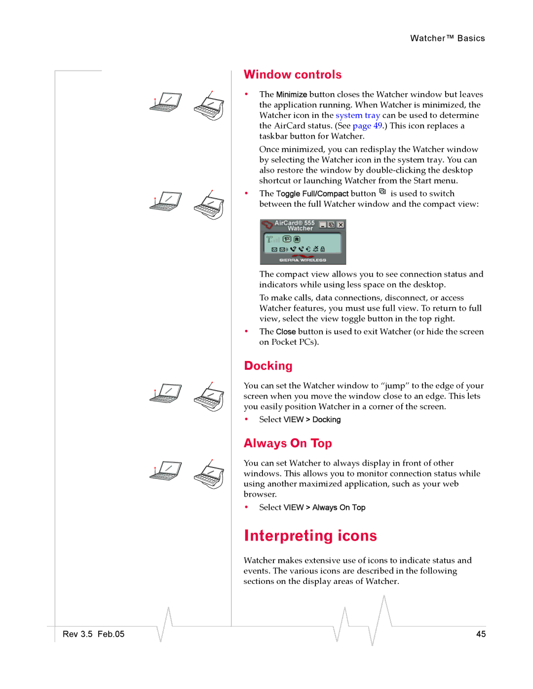 Sierra Wireless 555 manual Interpreting icons, Window controls, Docking, Always On Top 