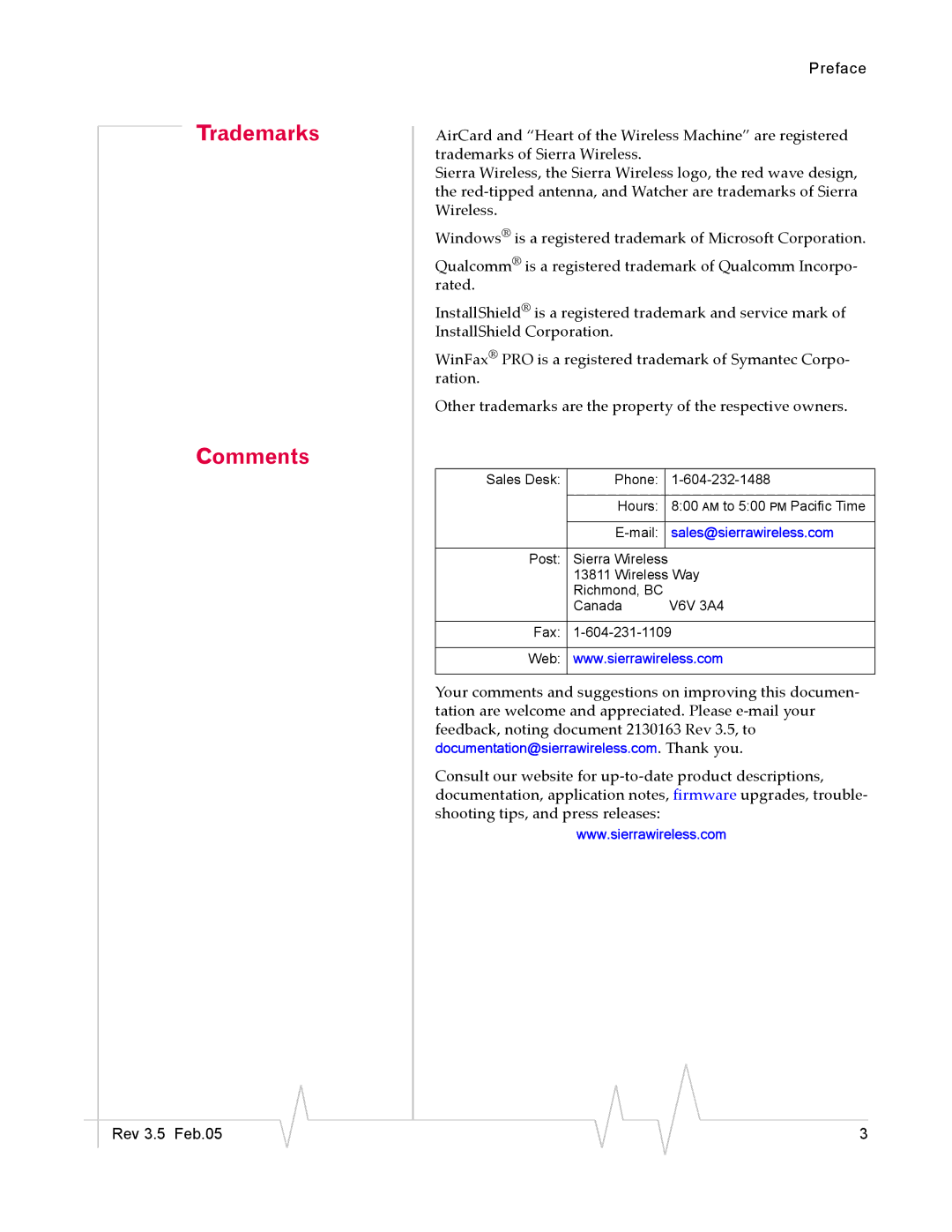 Sierra Wireless 555 manual Trademarks Comments 