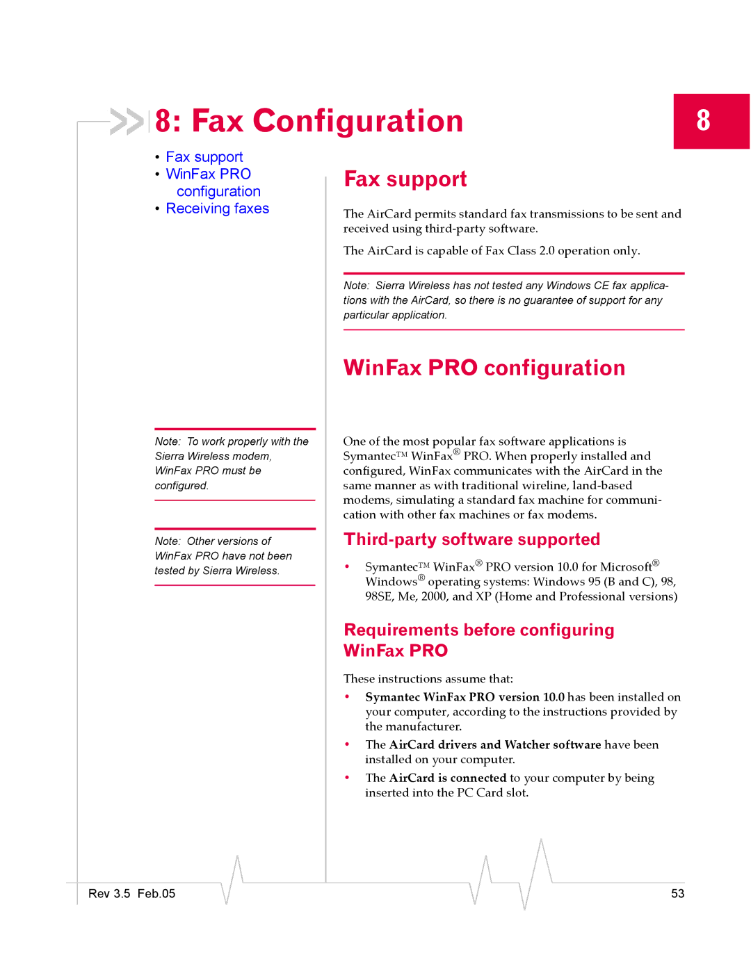 Sierra Wireless 555 manual Fax Configuration, Fax support, WinFax PRO configuration, Third-party software supported 