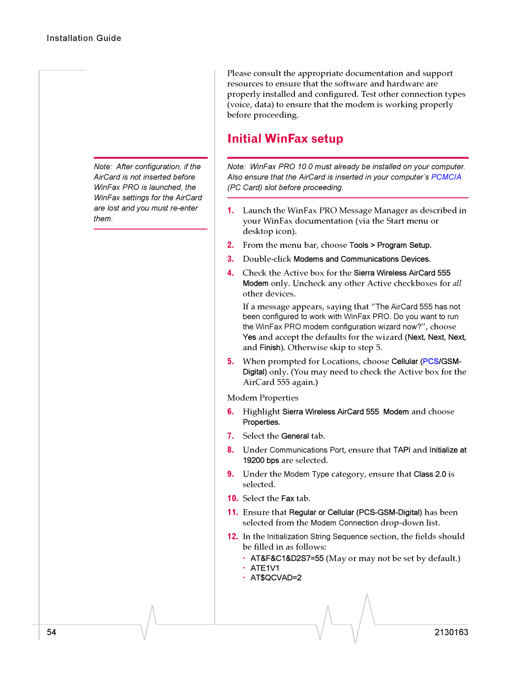 Sierra Wireless 555 manual Initial WinFax setup 