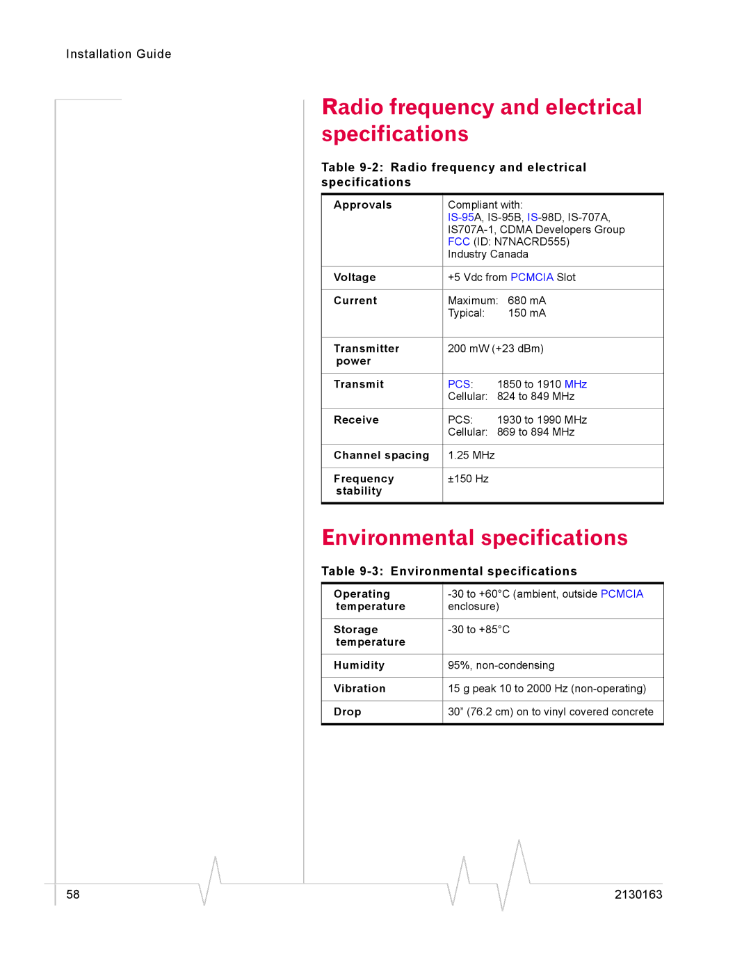 Sierra Wireless 555 manual Radio frequency and electrical specifications, Environmental specifications 