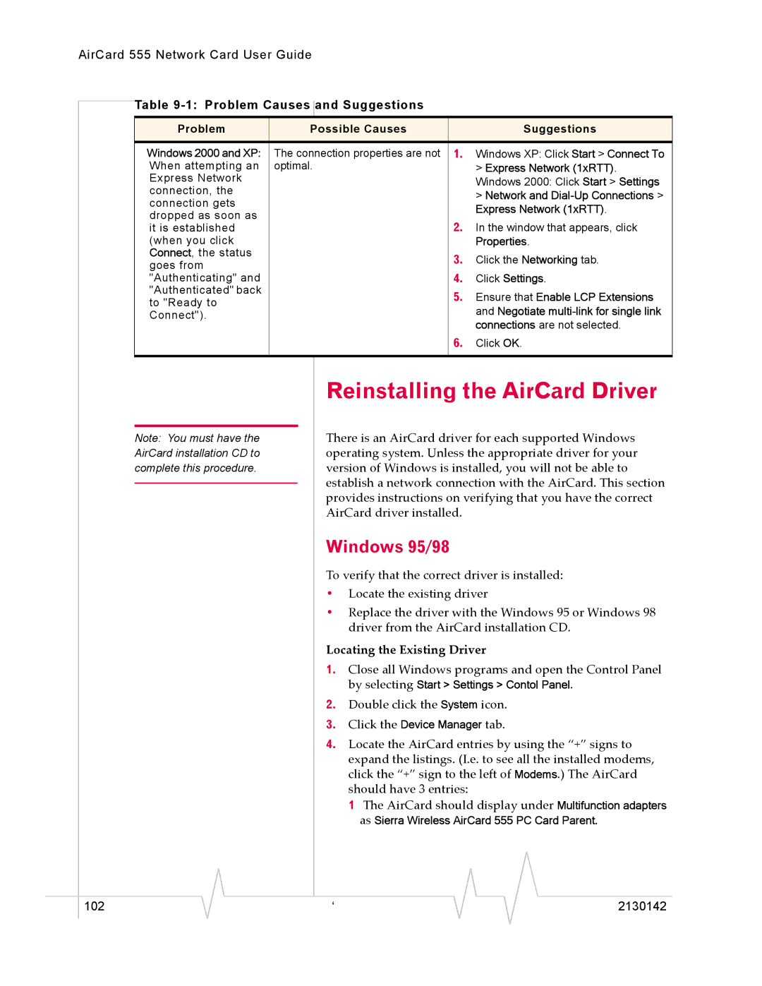 Sierra Wireless 555 manual Reinstalling the AirCard Driver, Windows 95/98, Locating the Existing Driver 