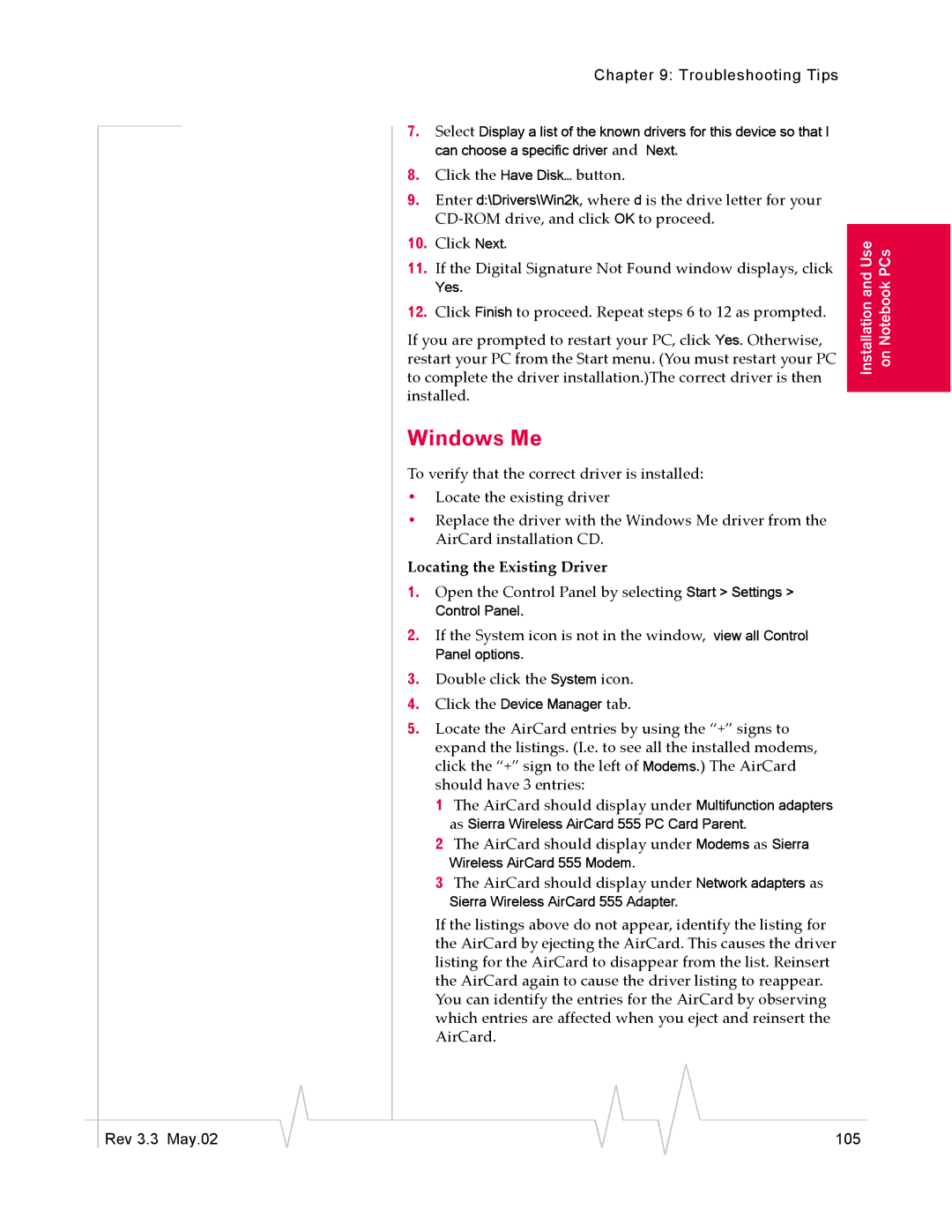 Sierra Wireless 555 manual Windows Me, Locating the Existing Driver 