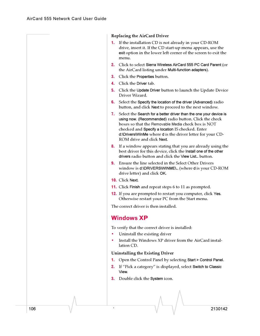 Sierra Wireless 555 manual Windows XP, Replacing the AirCard Driver, Uninstalling the Existing Driver 