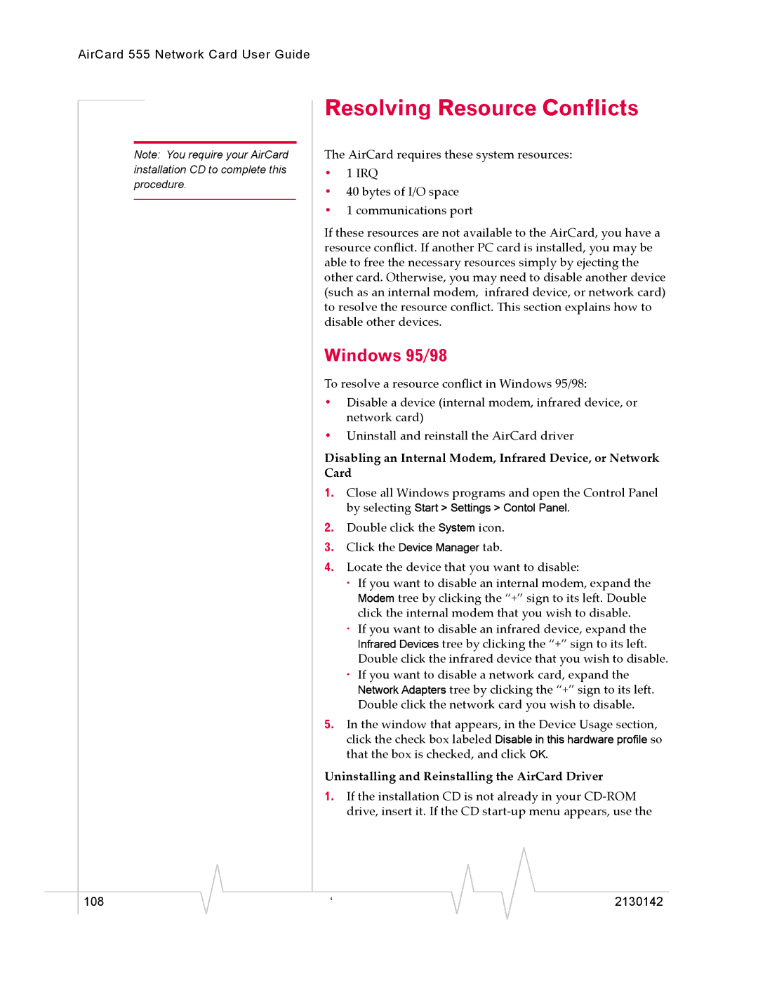 Sierra Wireless 555 manual Resolving Resource Conflicts, Uninstalling and Reinstalling the AirCard Driver 