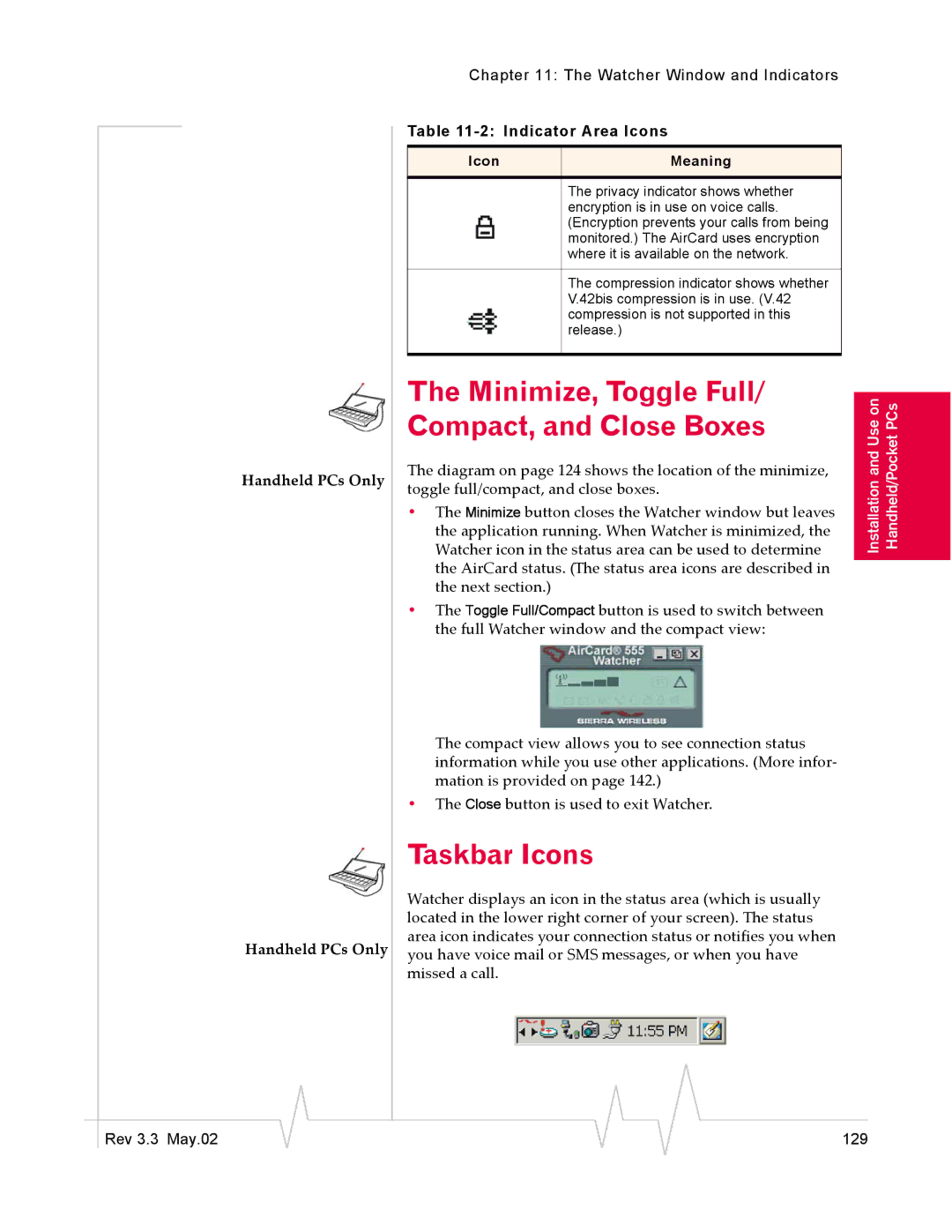 Sierra Wireless 555 manual Minimize, Toggle Full/ Compact, and Close Boxes, Handheld PCs Only 