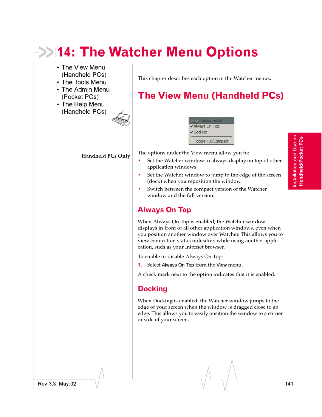 Sierra Wireless 555 manual Watcher Menu Options, View Menu Handheld PCs 