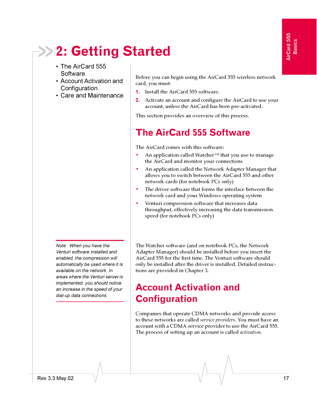 Sierra Wireless manual Getting Started, AirCard 555 Software, Account Activation Configuration 