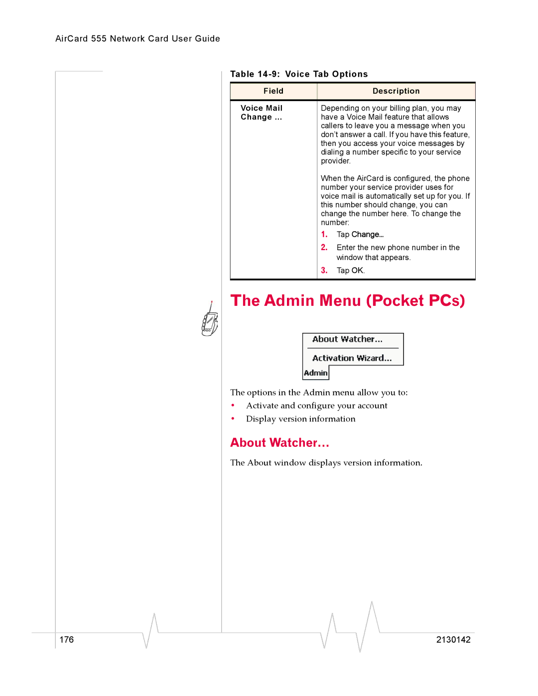 Sierra Wireless 555 manual Admin Menu Pocket PCs, Field Description Voice Mail 