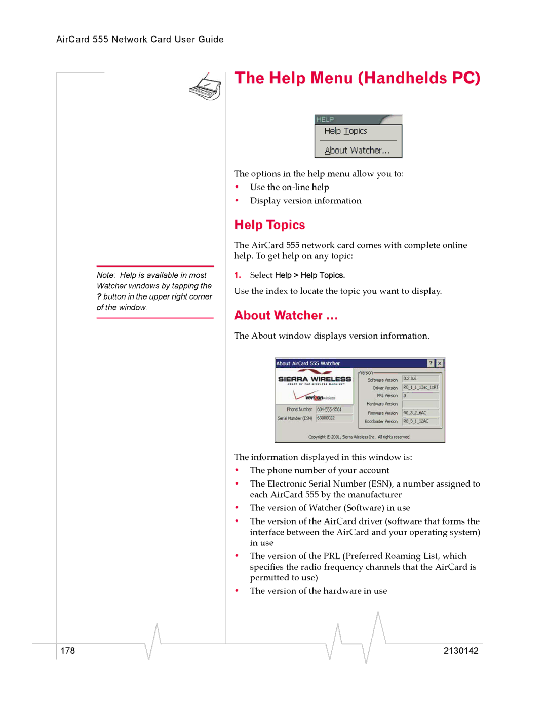 Sierra Wireless 555 manual Help Menu Handhelds PC, Help Topics, About Watcher … 