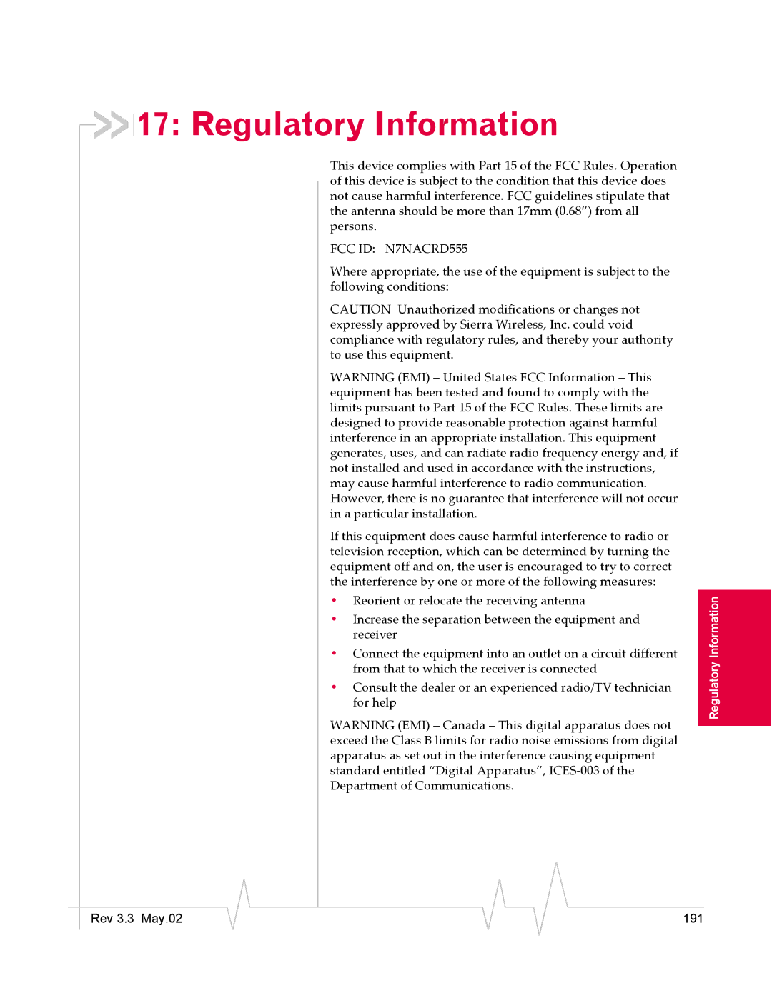 Sierra Wireless manual Regulatory Information, FCC ID N7NACRD555 