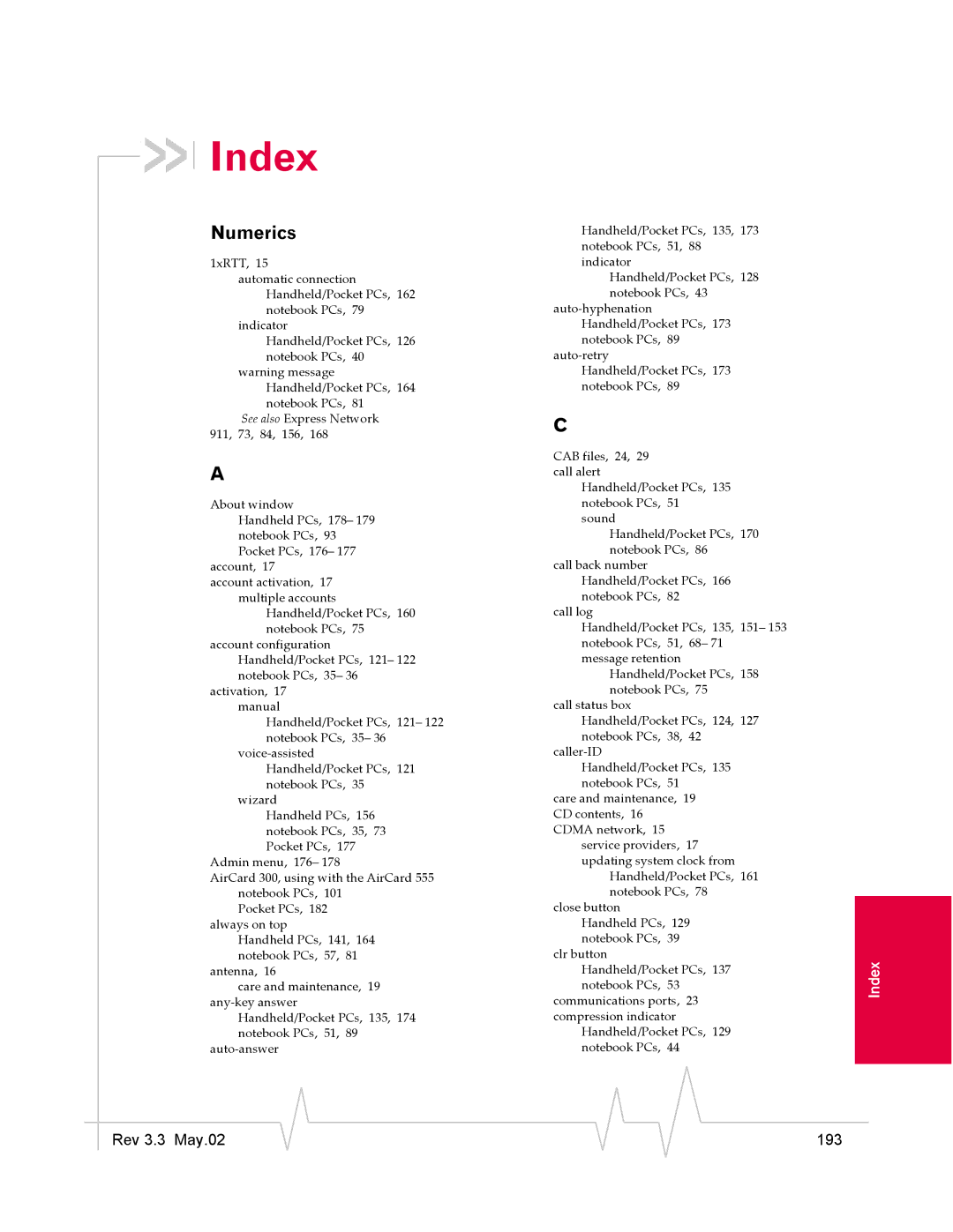 Sierra Wireless 555 manual Index, Numerics 