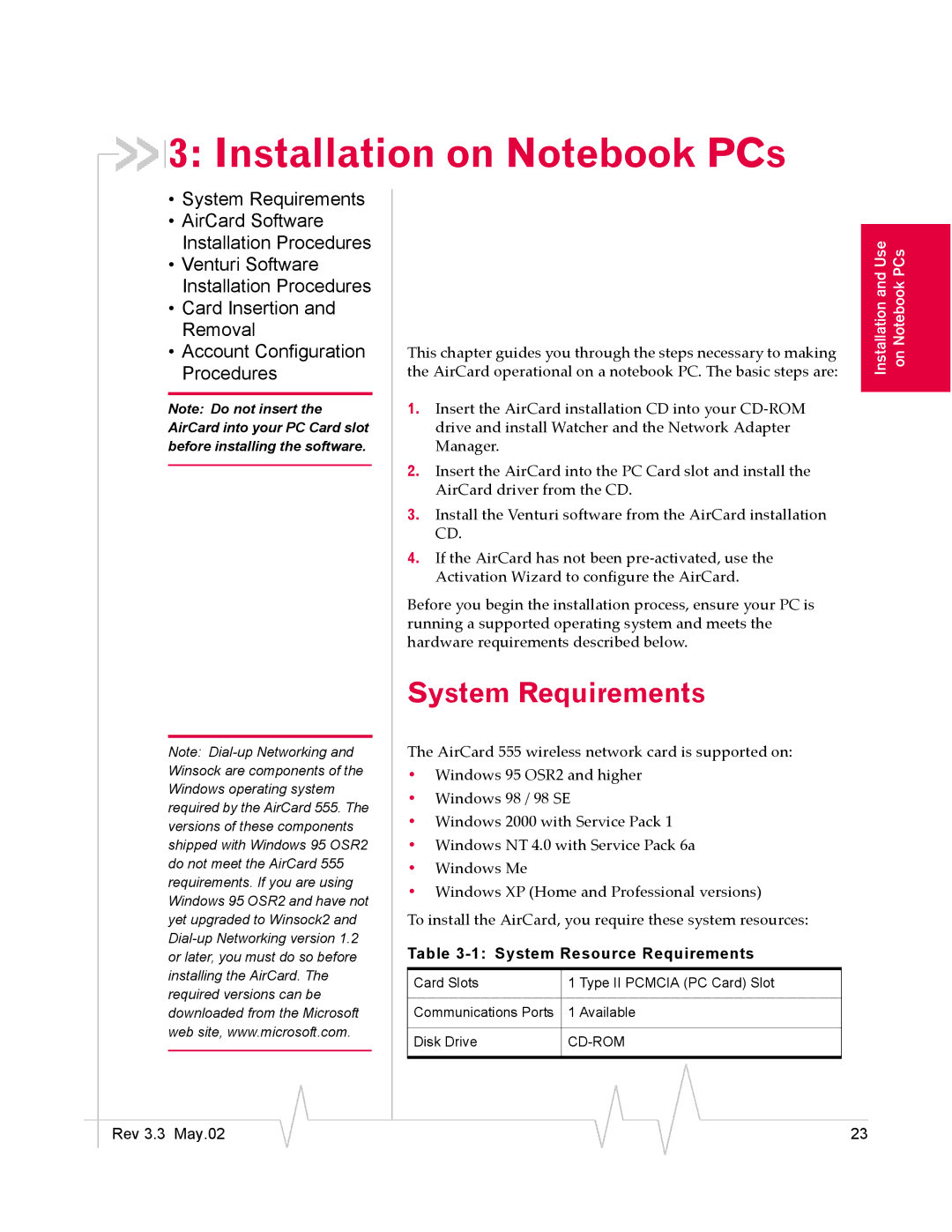 Sierra Wireless 555 manual Installation on Notebook PCs, System Requirements, System Resource Requirements 