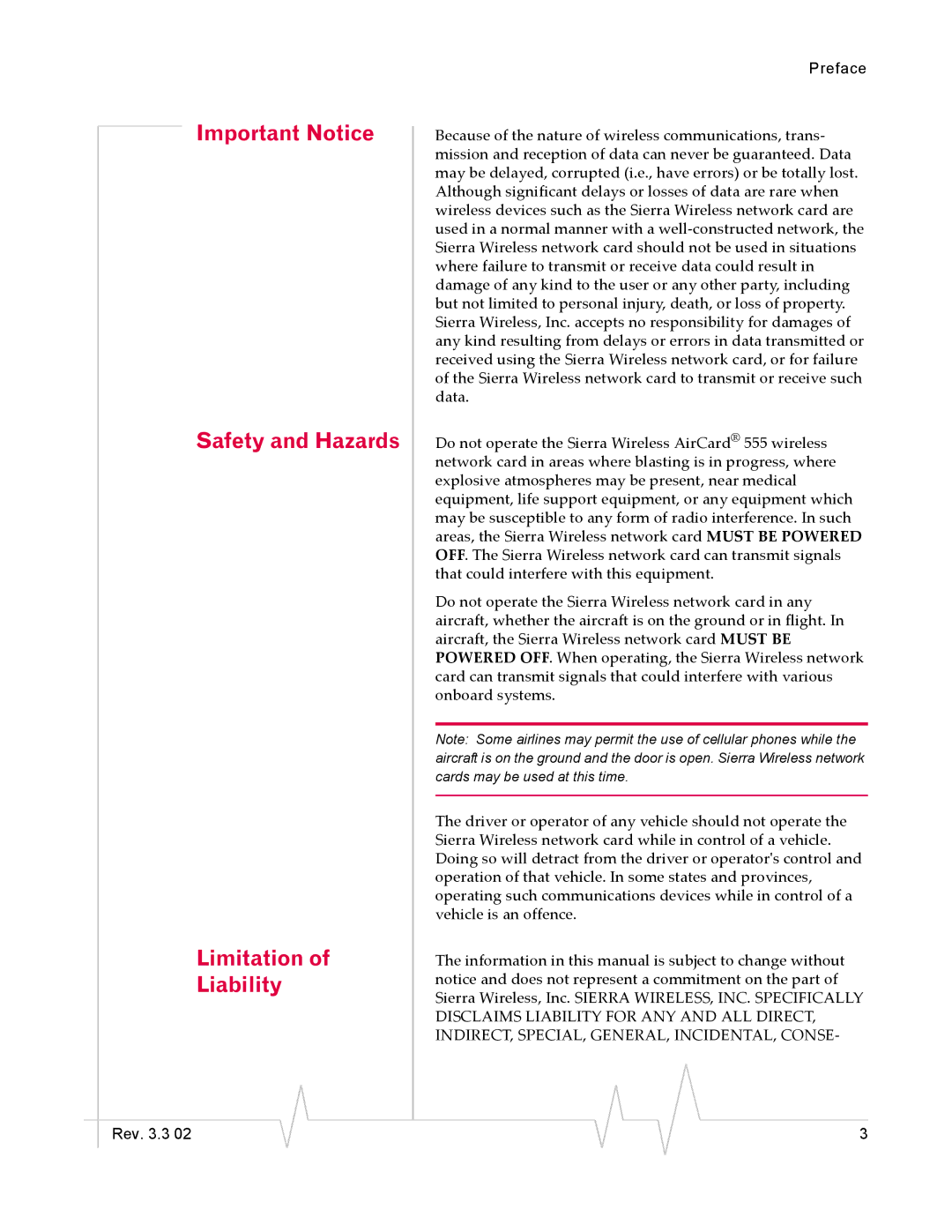 Sierra Wireless 555 manual Important Notice Safety and Hazards Limitation Liability 