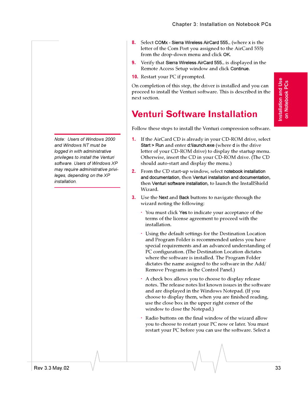 Sierra Wireless 555 manual Venturi Software Installation 