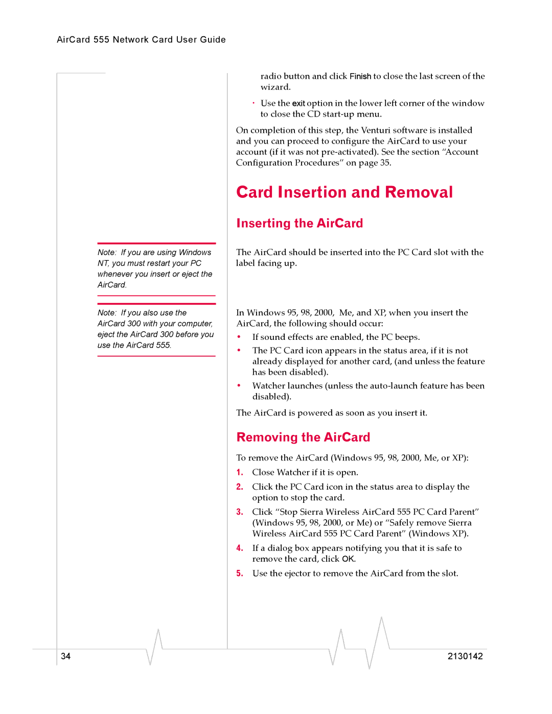 Sierra Wireless 555 manual Card Insertion and Removal, Inserting the AirCard, Removing the AirCard 