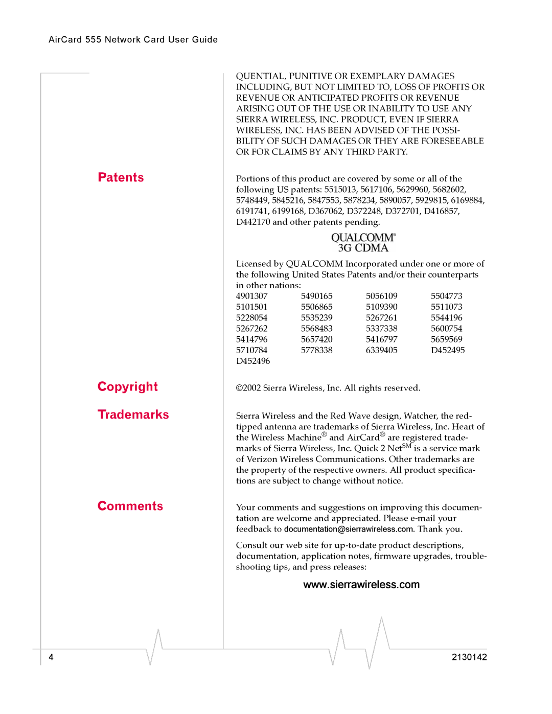 Sierra Wireless 555 manual Patents Copyright Trademarks Comments 