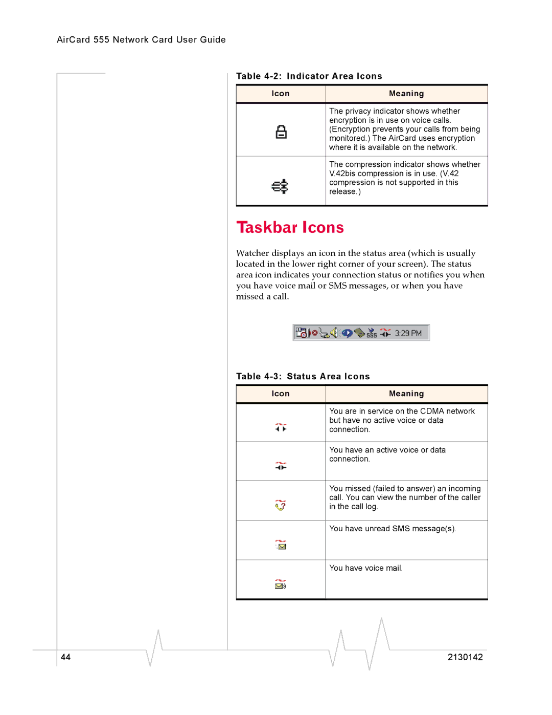 Sierra Wireless 555 manual Taskbar Icons, Status Area Icons 