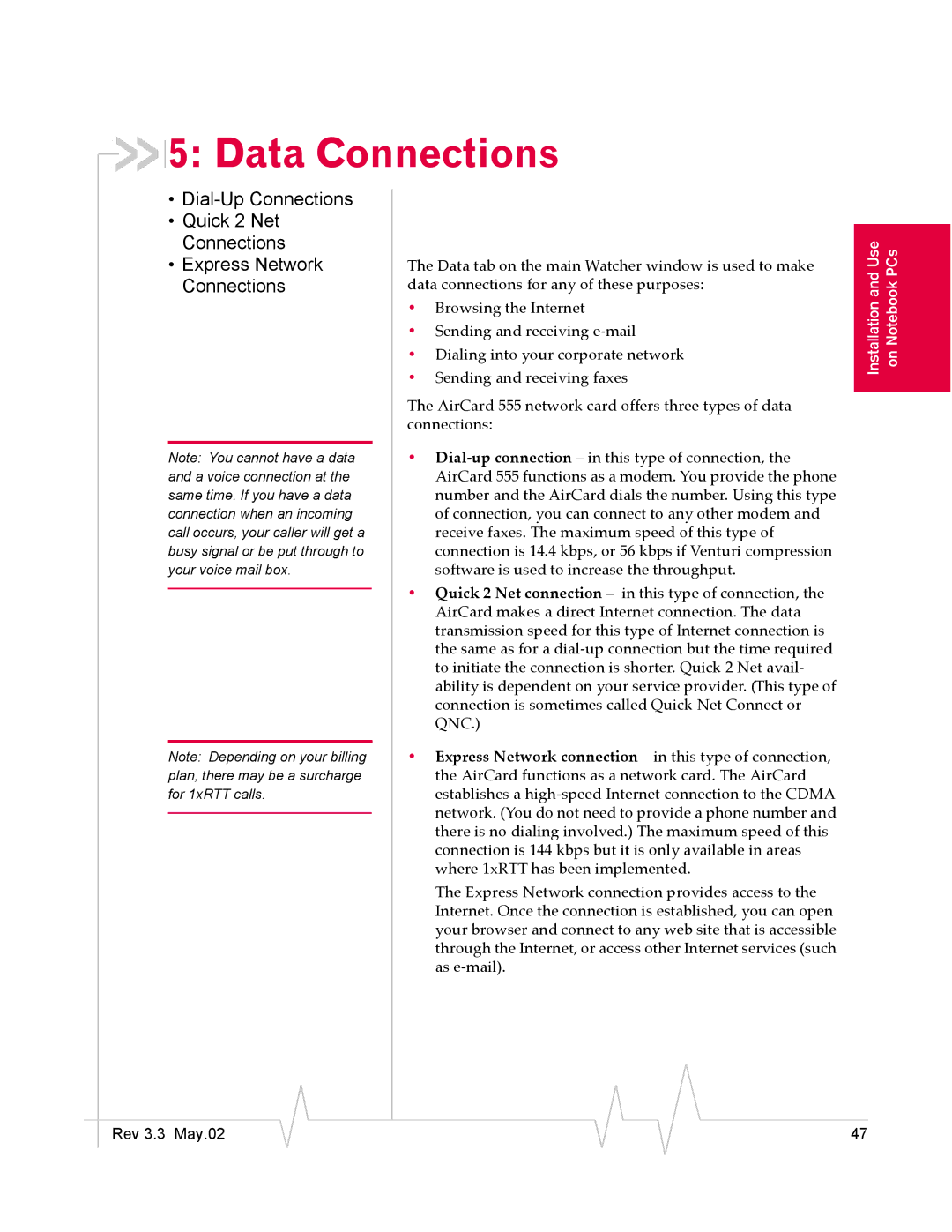 Sierra Wireless 555 manual Data Connections 