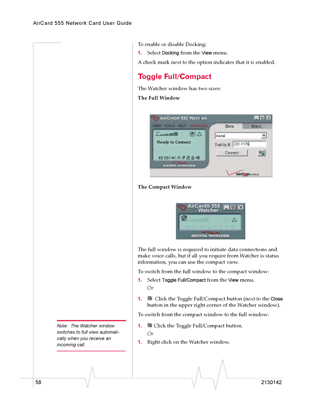 Sierra Wireless 555 manual Toggle Full/Compact, Full Window Compact Window 