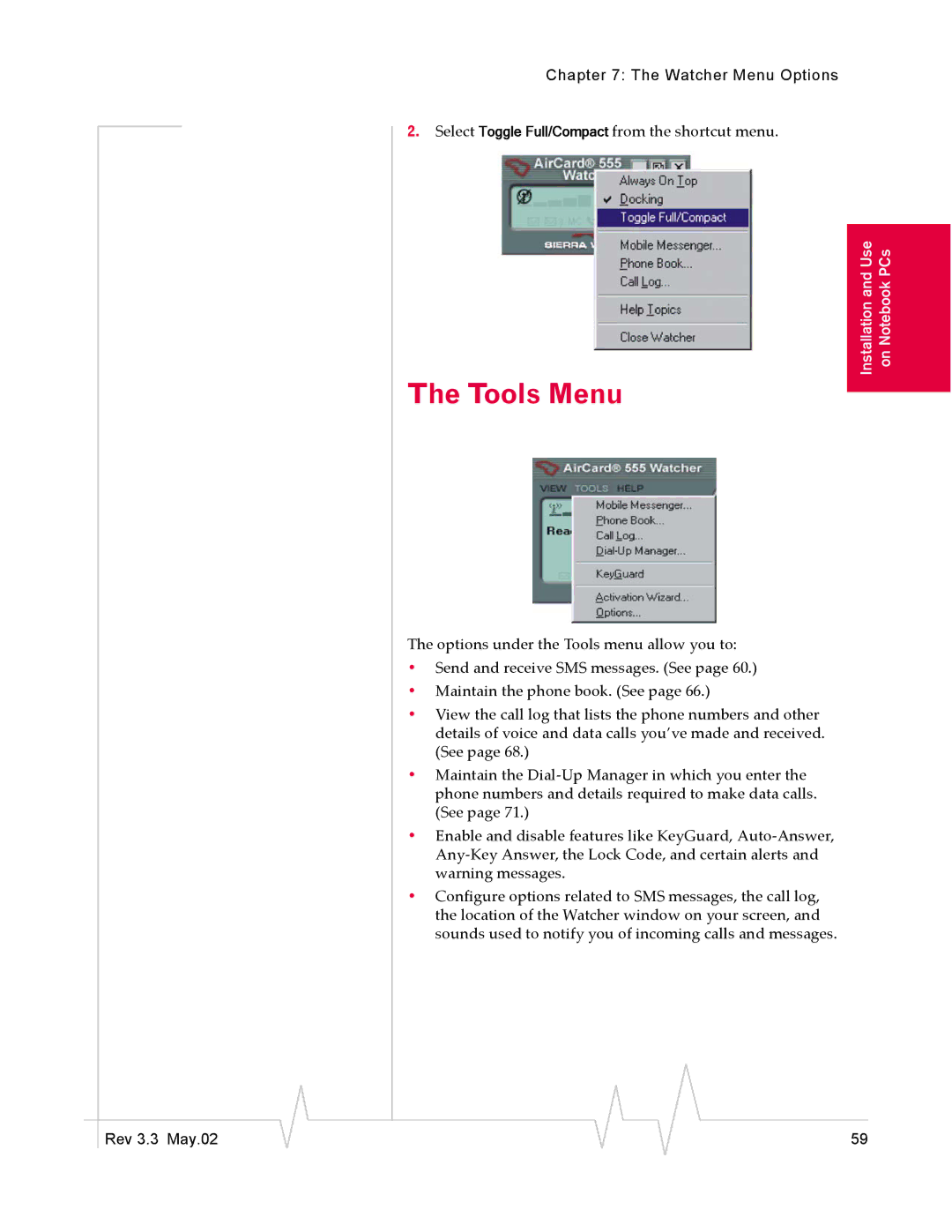 Sierra Wireless 555 manual Tools Menu 