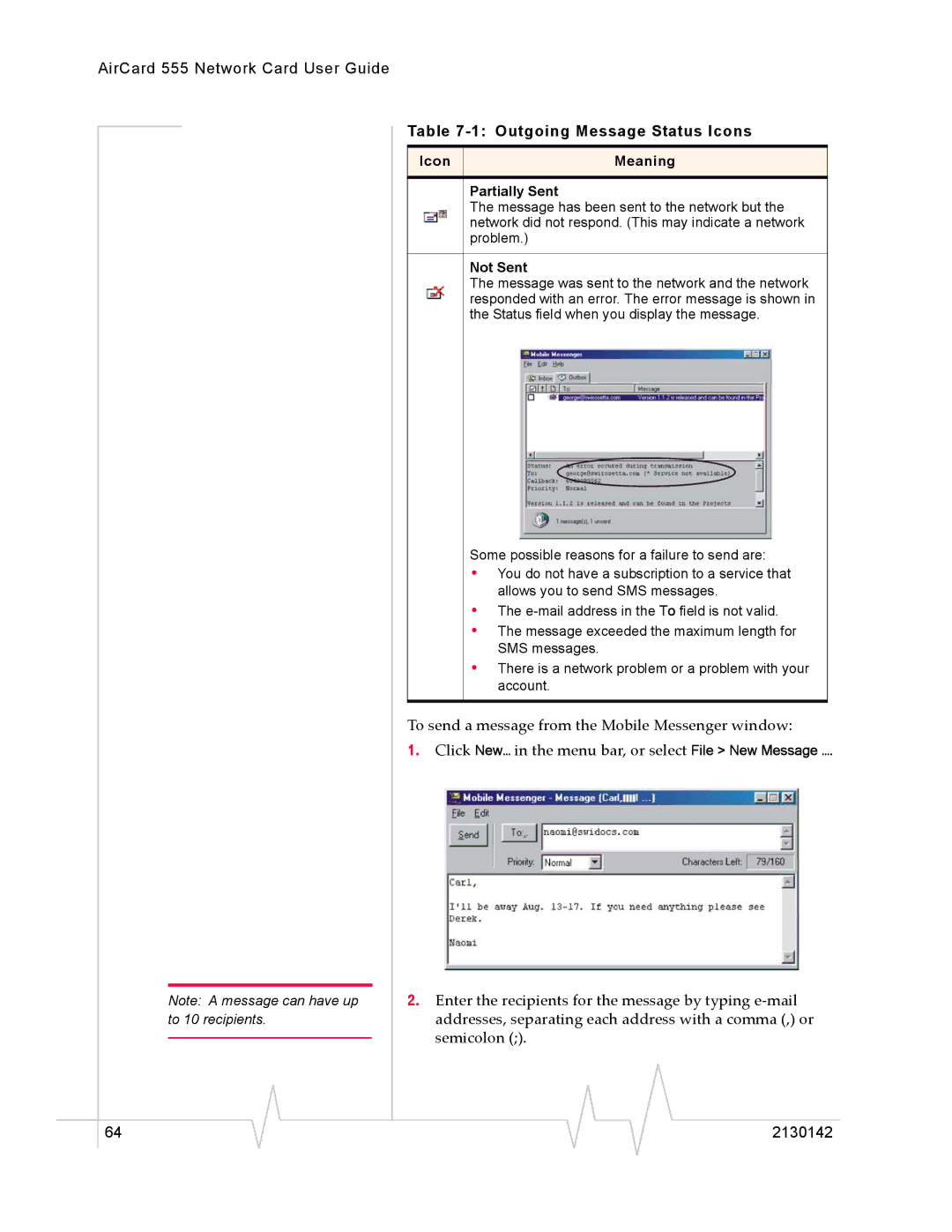 Sierra Wireless 555 manual Icon Meaning Partially Sent, Not Sent 