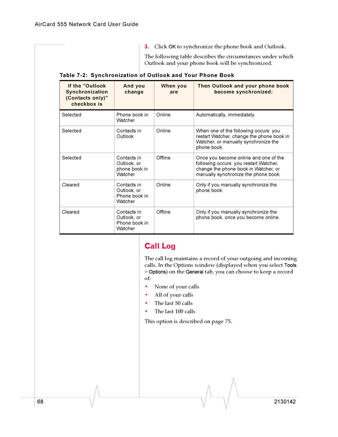 Sierra Wireless 555 manual Call Log, Synchronization of Outlook and Your Phone Book 