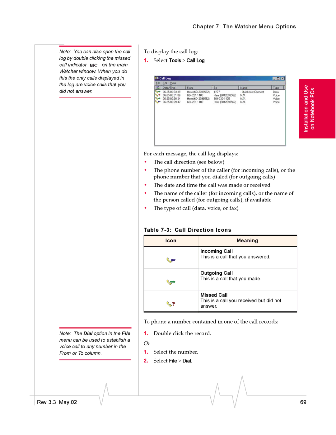 Sierra Wireless 555 manual Call Direction Icons, Icon Meaning Incoming Call, Outgoing Call, Missed Call 