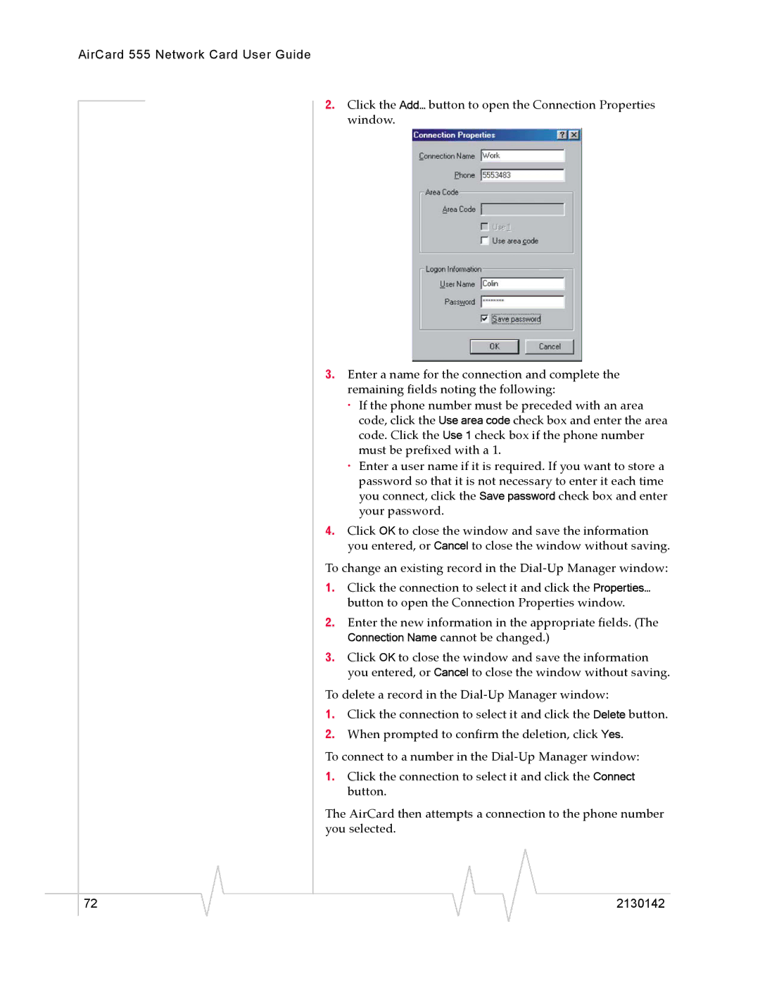 Sierra Wireless 555 manual To change an existing record in the Dial-Up Manager window 