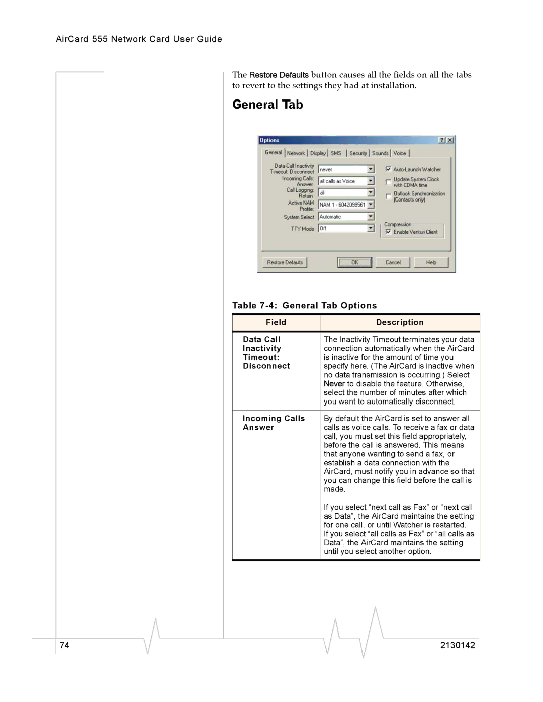 Sierra Wireless 555 manual General Tab Options 