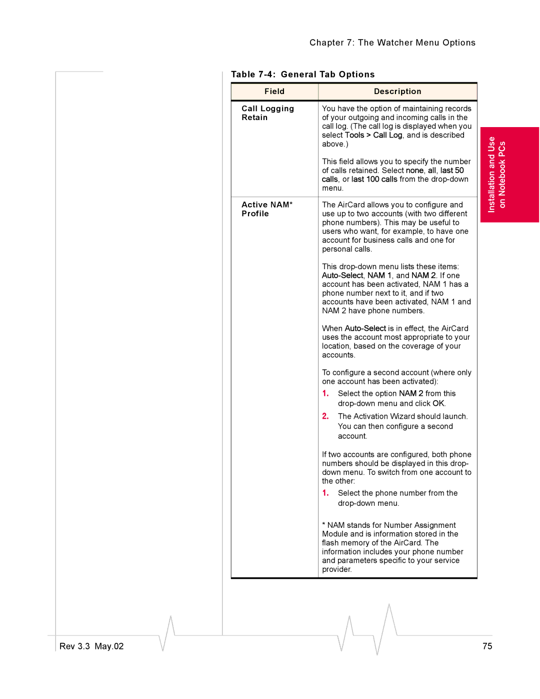 Sierra Wireless 555 manual Field Description Call Logging, Retain, Active NAM, Profile 