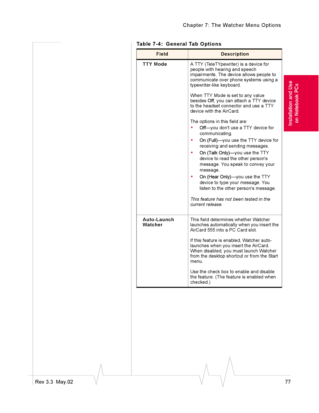 Sierra Wireless 555 manual Field Description TTY Mode, Auto-Launch, Watcher 