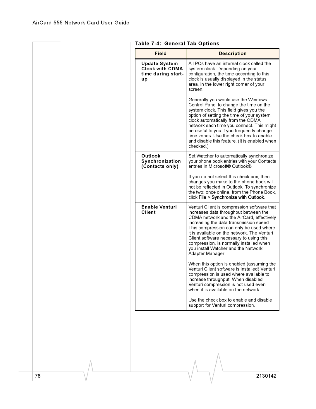 Sierra Wireless 555 Field Description Update System, Clock with Cdma, Time during start, Outlook, Enable Venturi, Client 