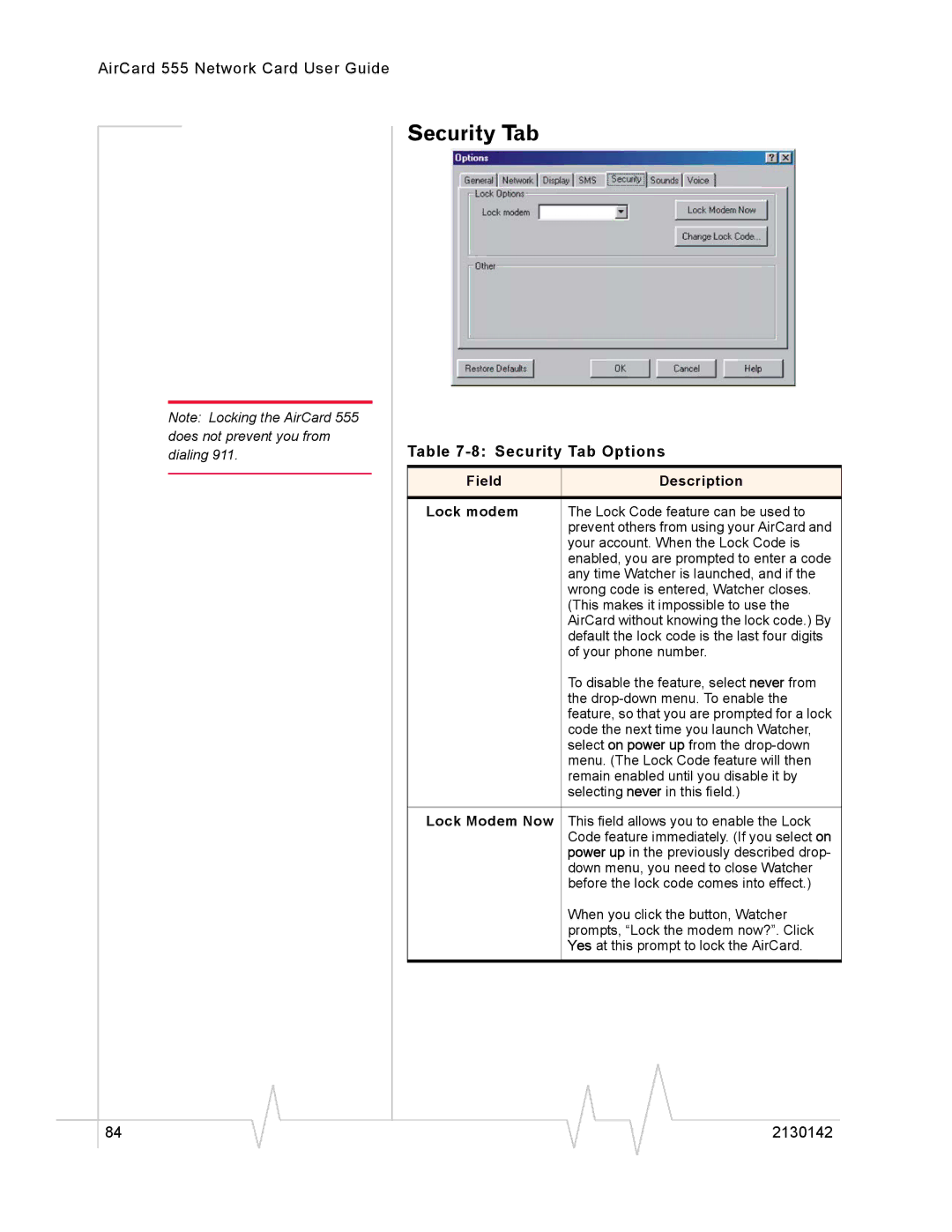 Sierra Wireless 555 manual Security Tab Options, Field Description Lock modem, Lock Modem Now 