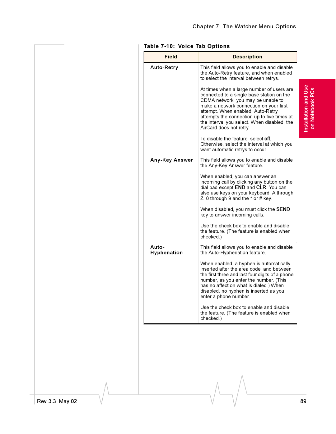 Sierra Wireless 555 manual Field Description Auto-Retry, Any-Key Answer, Hyphenation 