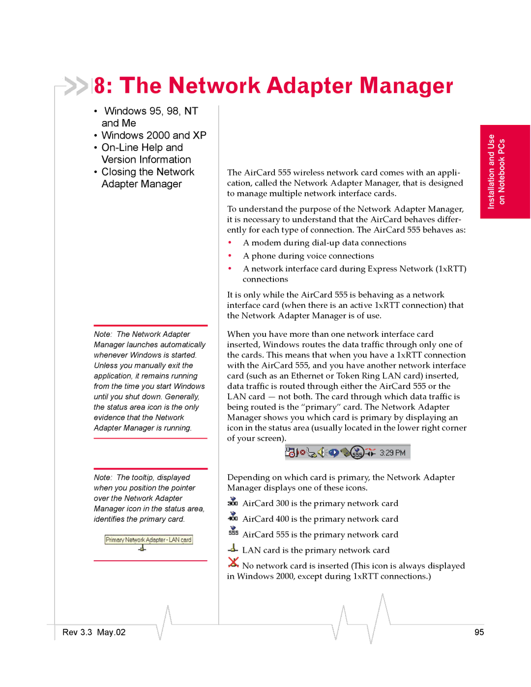 Sierra Wireless 555 manual Network Adapter Manager 