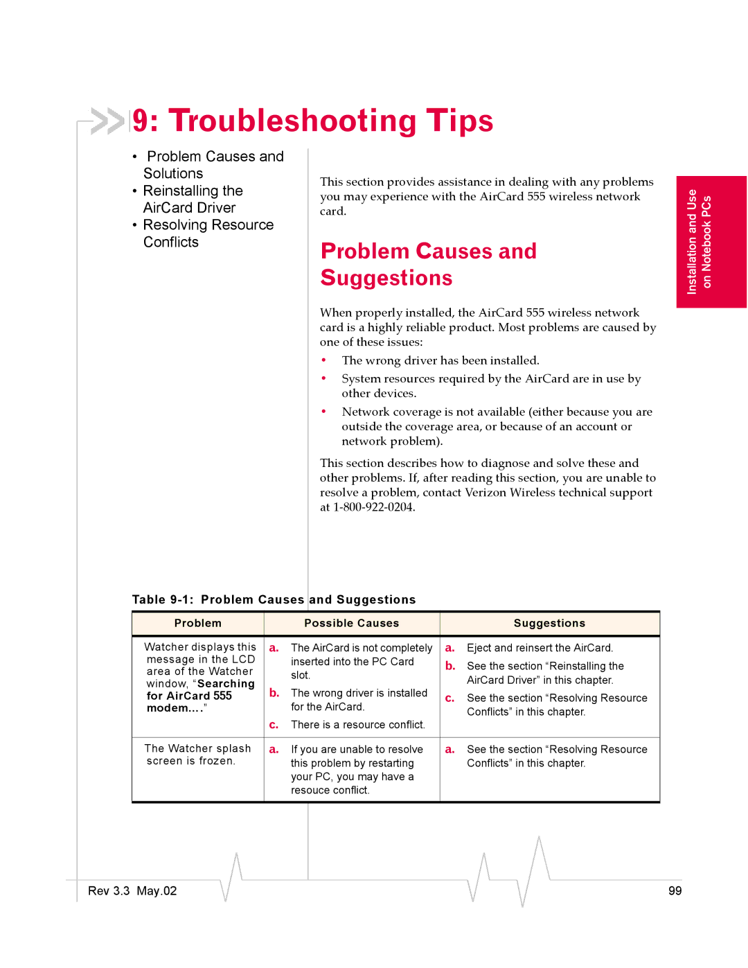 Sierra Wireless 555 manual Troubleshooting Tips, Problem Causes and Suggestions 