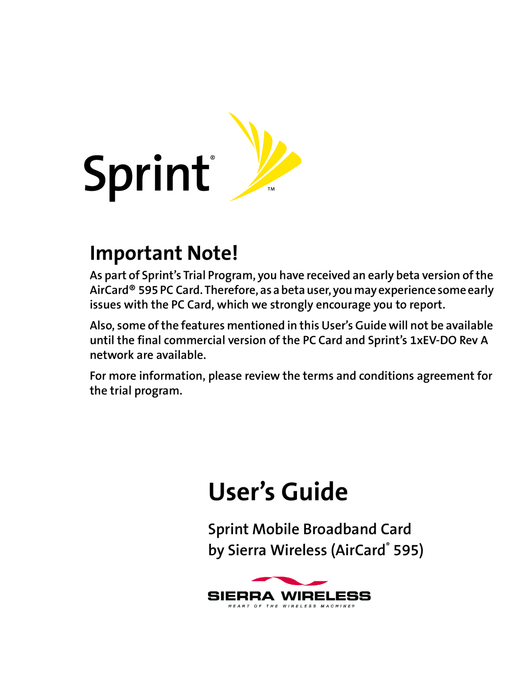 Sierra Wireless 595 manual Important Note, Sprint Mobile Broadband Card by Sierra Wireless AirCard 