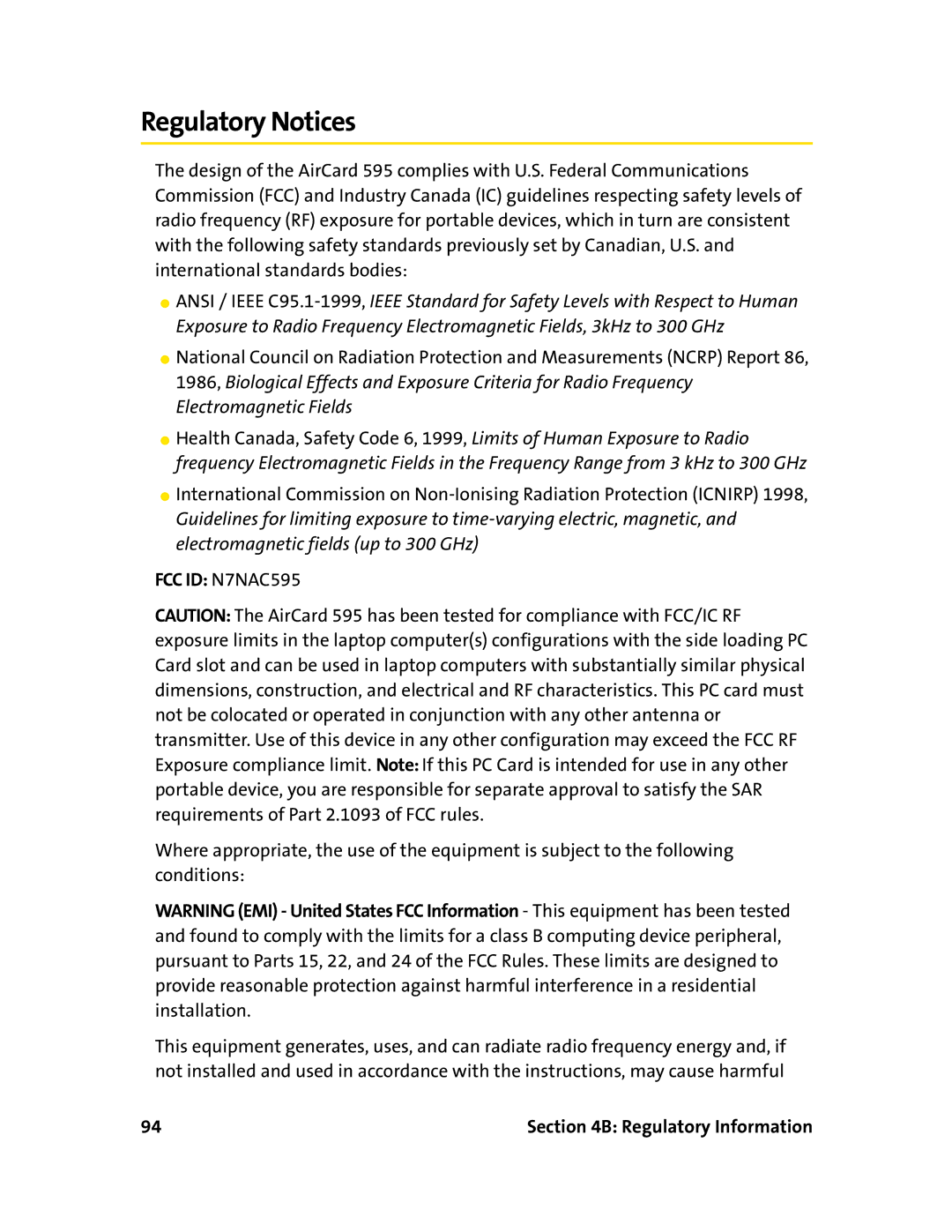 Sierra Wireless manual Regulatory Notices, FCC ID N7NAC595 