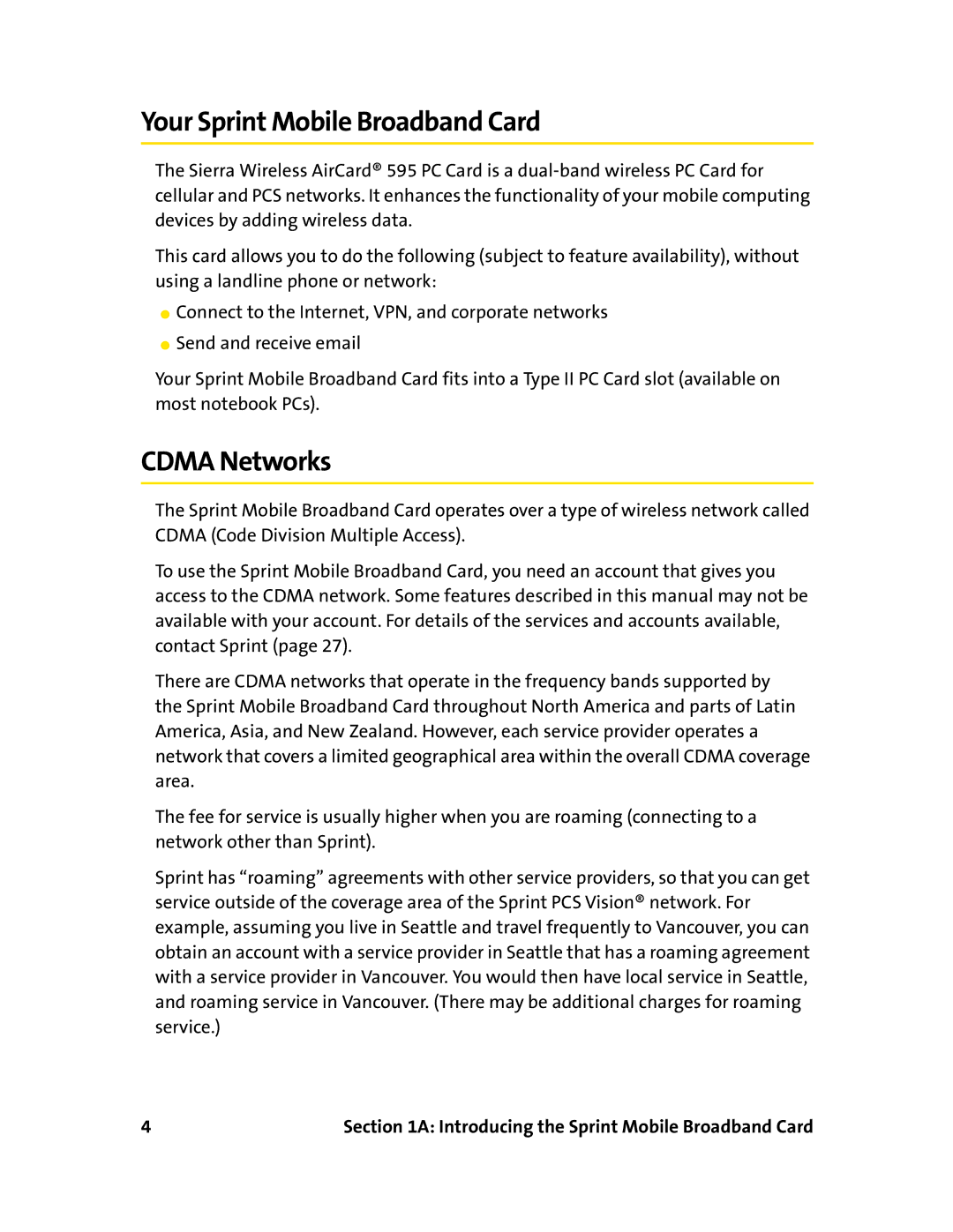 Sierra Wireless 595 manual Your Sprint Mobile Broadband Card, Cdma Networks 