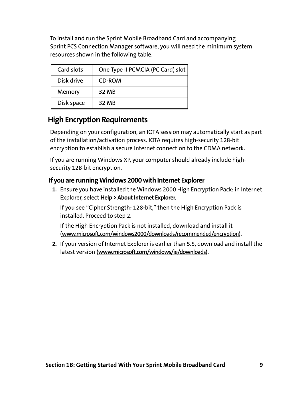 Sierra Wireless 595 manual High Encryption Requirements, If you are running Windows 2000 with Internet Explorer 