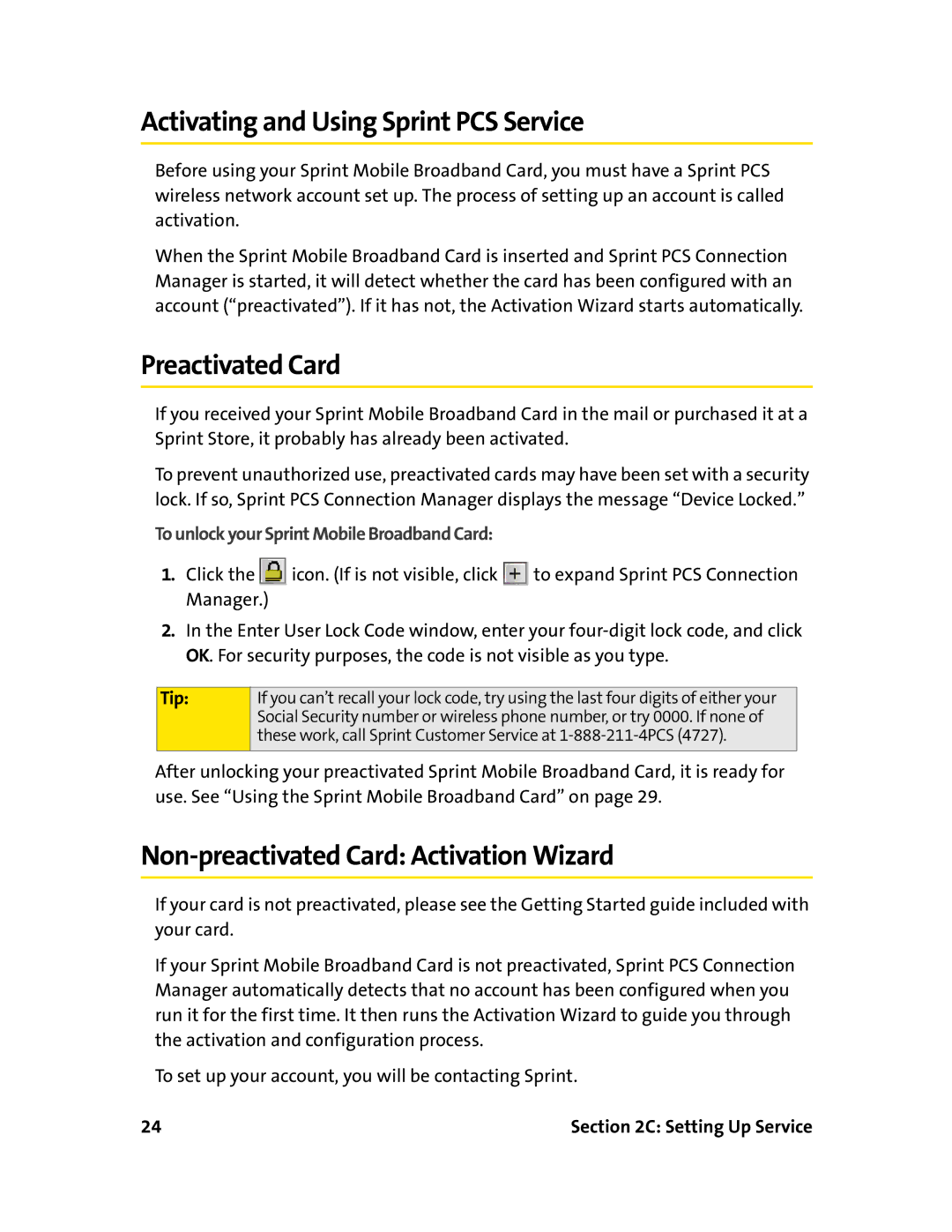 Sierra Wireless 595 Activating and Using Sprint PCS Service, Preactivated Card, Non-preactivated Card Activation Wizard 