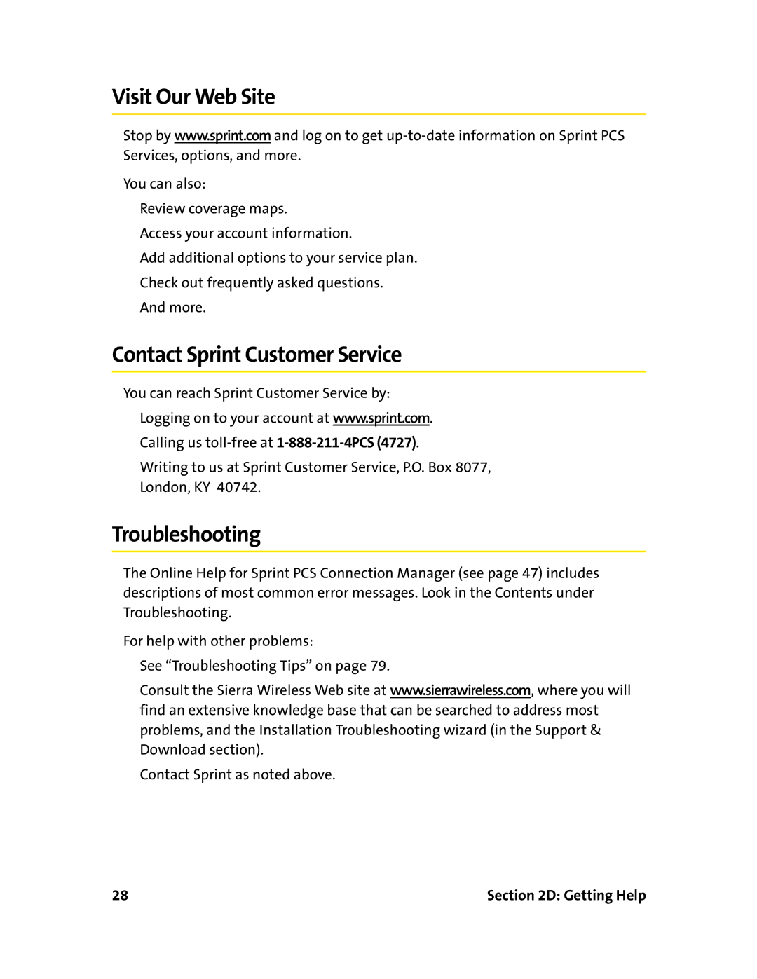 Sierra Wireless 595 manual Visit Our Web Site, Contact Sprint Customer Service, Troubleshooting 