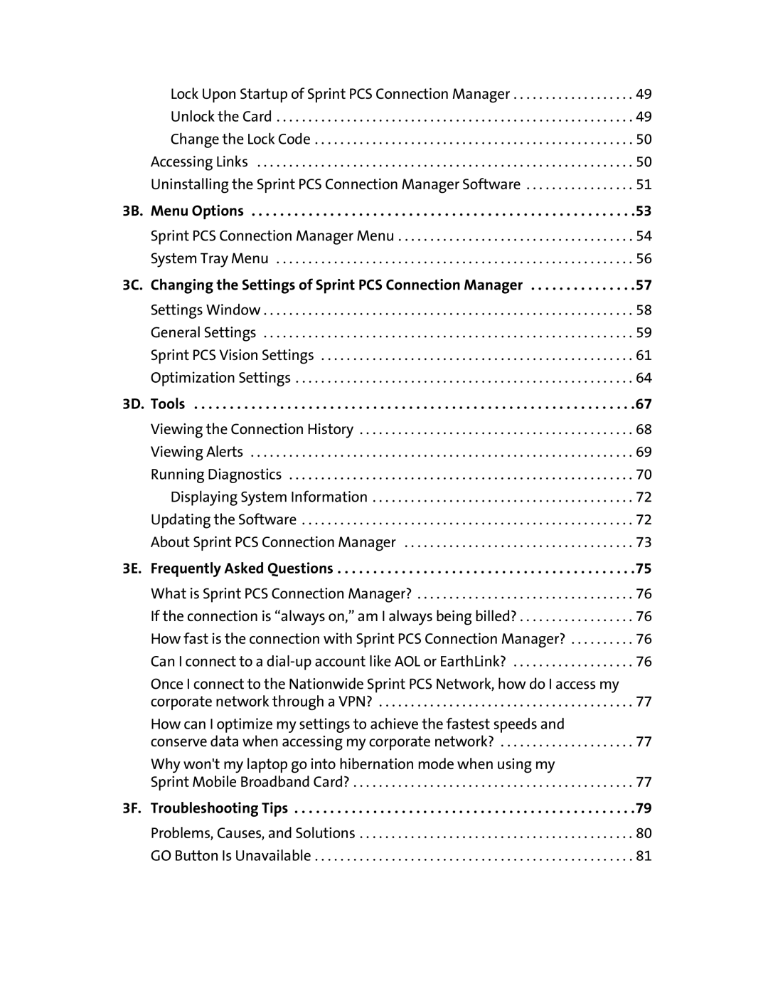 Sierra Wireless 595 manual 3B. Menu Options, 3C. Changing the Settings of Sprint PCS Connection Manager, 3D. Tools 