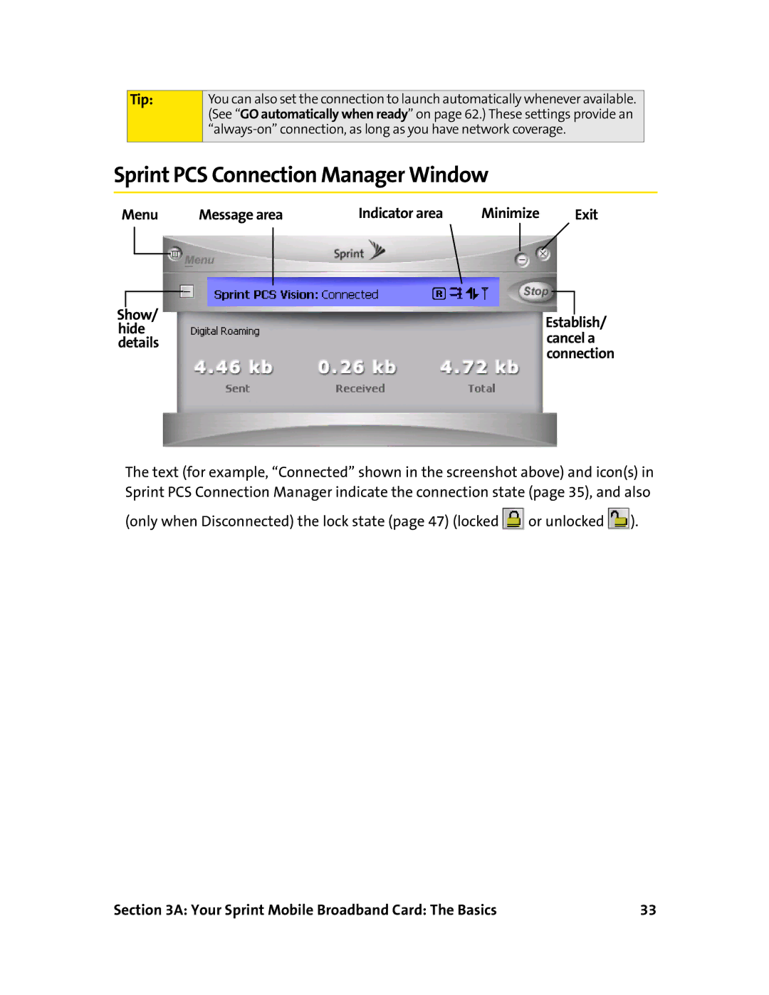 Sierra Wireless 595 manual Sprint PCS Connection Manager Window 