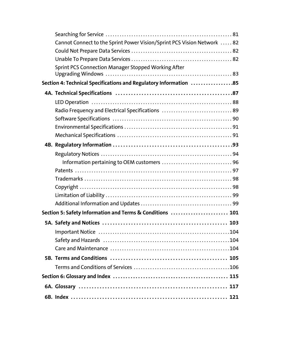 Sierra Wireless 595 manual 4B. Regulatory Information, 5B. Terms and Conditions, Glossary and Index 6A. Glossary 6B. Index 