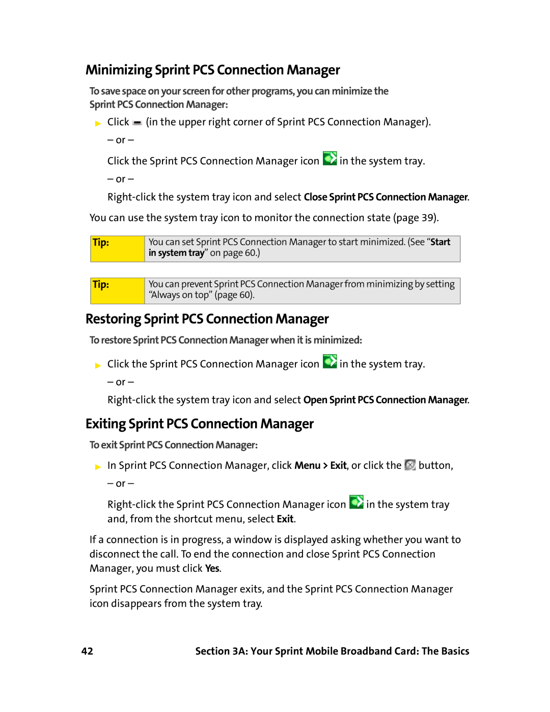 Sierra Wireless 595 manual Minimizing Sprint PCS Connection Manager, Restoring Sprint PCS Connection Manager 